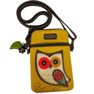 CHALA Crossbody Cell Phone Gold Vegan Pebbled Leather Bag Wide Eyed Owl